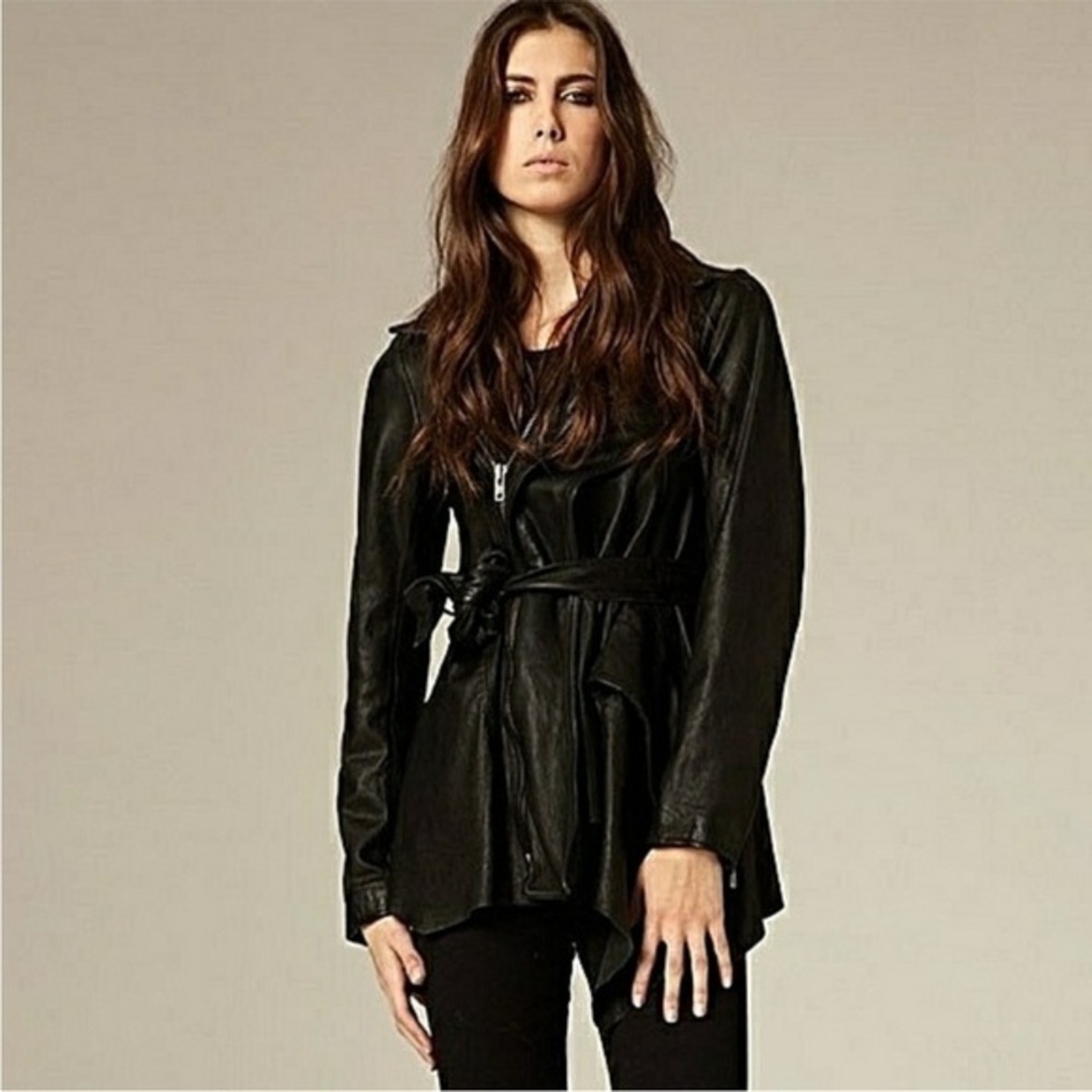 All Saints Leather Jacket Netia Belt Wrap in Black